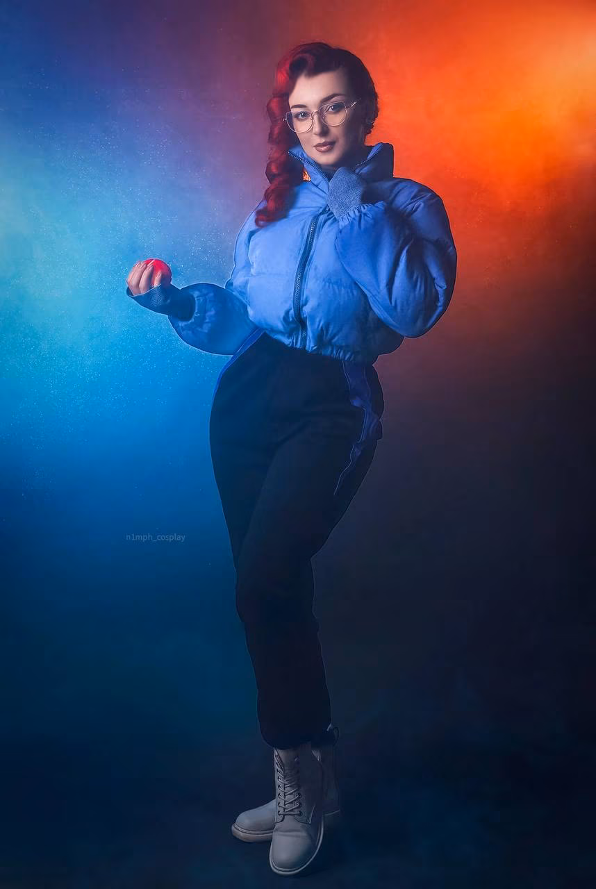 Model cosplaying Anastasia Nazarova from Atomic Heart with glasses