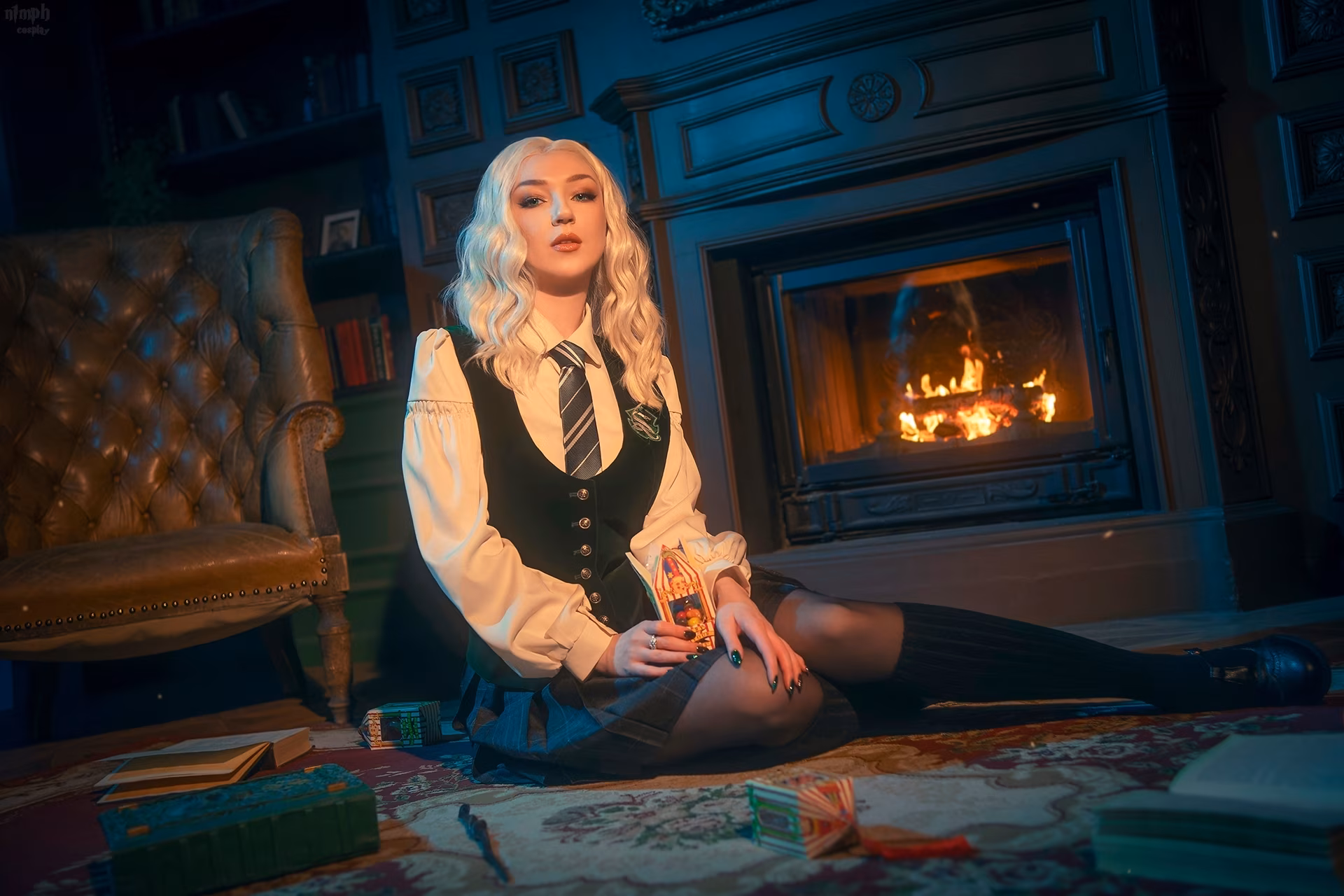Russian model as perfect Slytherin student posing by fireplace