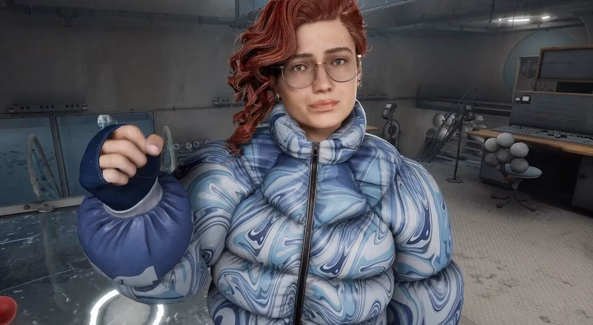 Model cosplaying Anastasia Nazarova from Atomic Heart wearing a patterned jacket