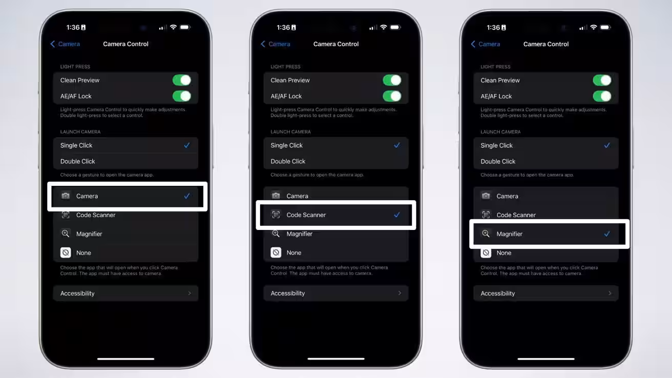 iPhone 17 Camera Control button settings with three function options