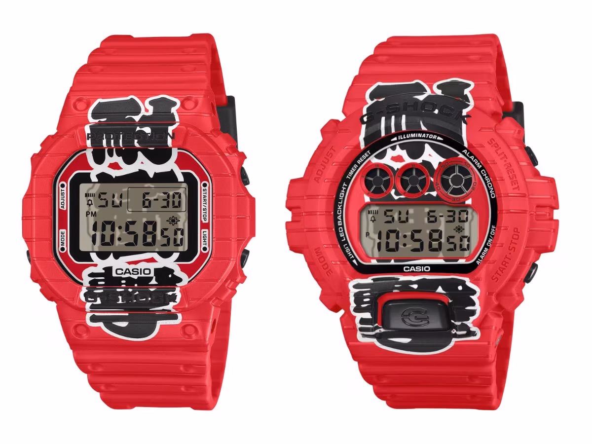 Two red G-Shock Red Lantern watches with black and white accents
