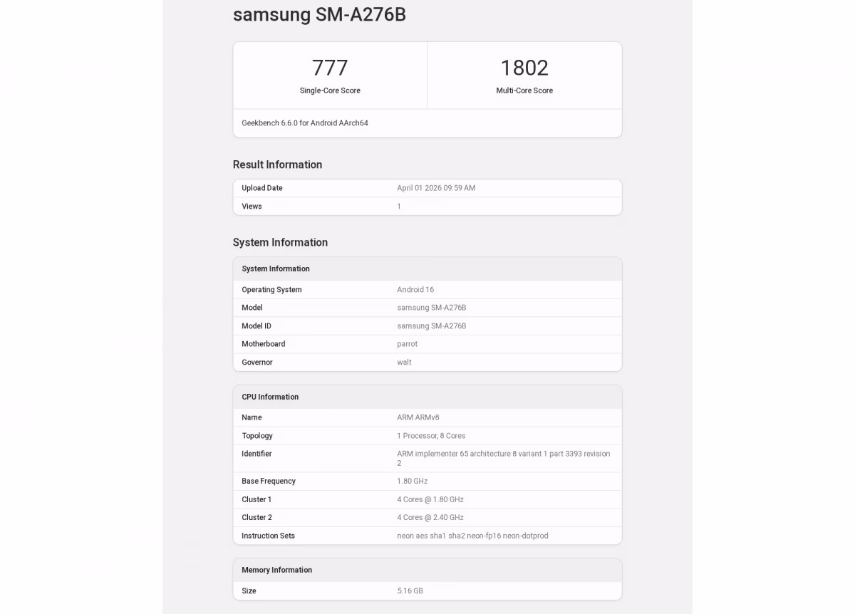 Samsung Galaxy A27 benchmark with Snapdragon chip