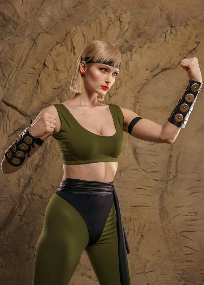 Cyberpunk cosplay character with green top and jewelry