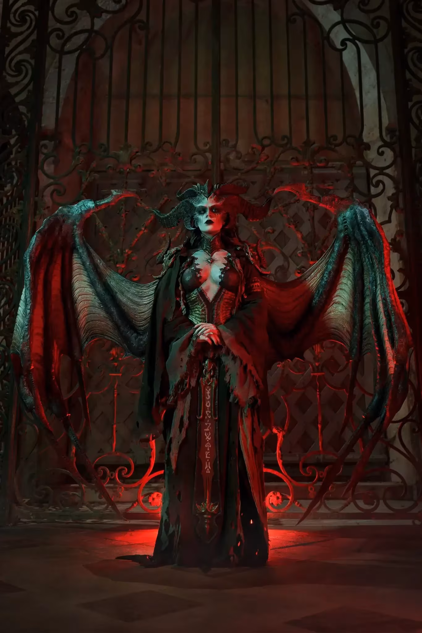 Lilith cosplay from Diablo 4 by Cinderys with horns and costume