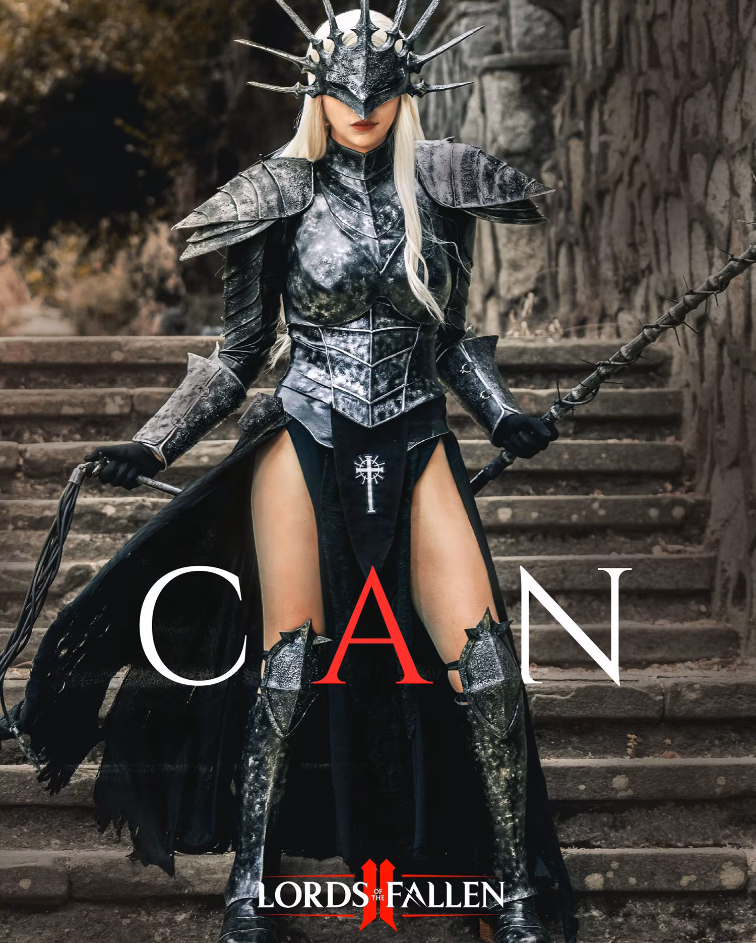 Cosplay of Lords of the Fallen character in black spiked armor