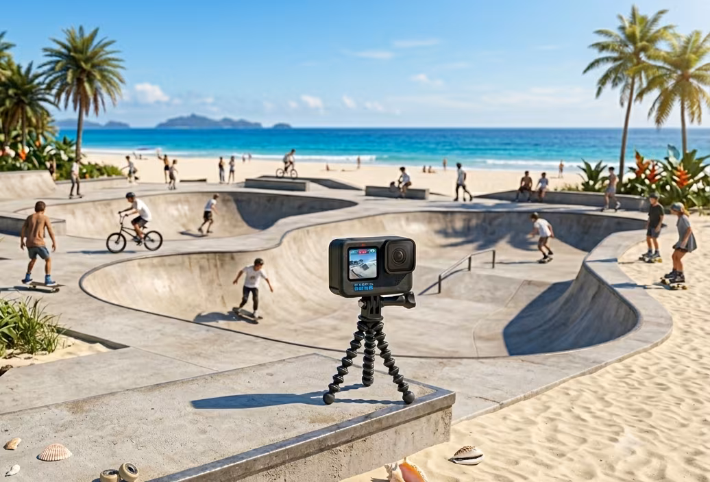 GoPro action camera on tripod in park
