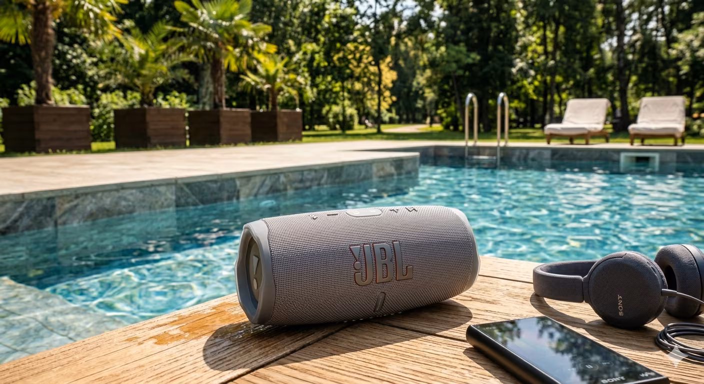JBL portable speaker by pool on wooden table
