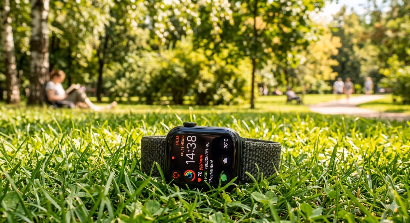 Apple Watch Series 8 smart watch on grass in park
