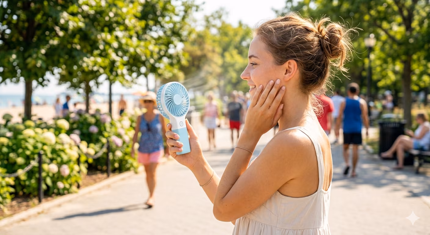 Woman holding portable fan on summer day