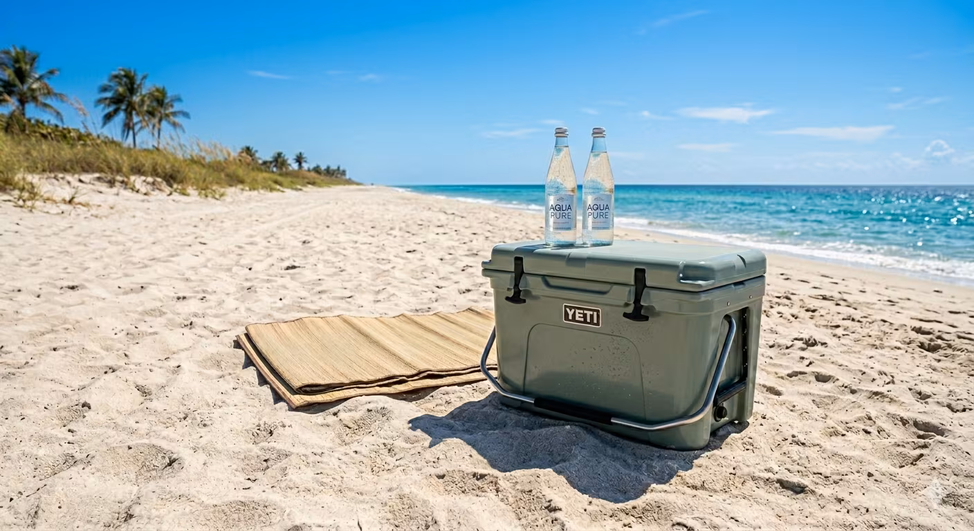 YETI cooler with two Aqua Pure water bottles on sand