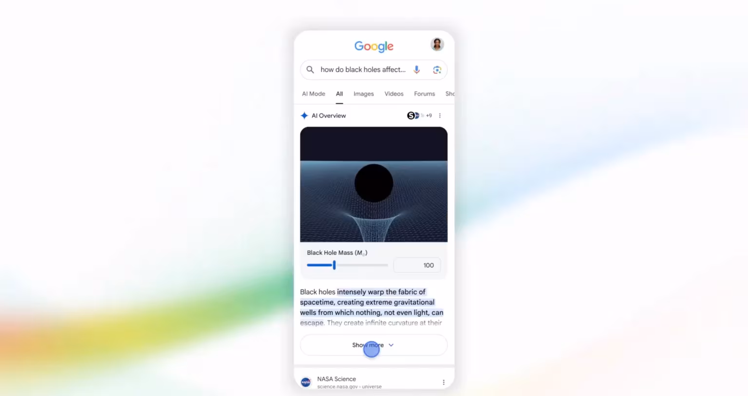 Black holes data visualization in Google AI search