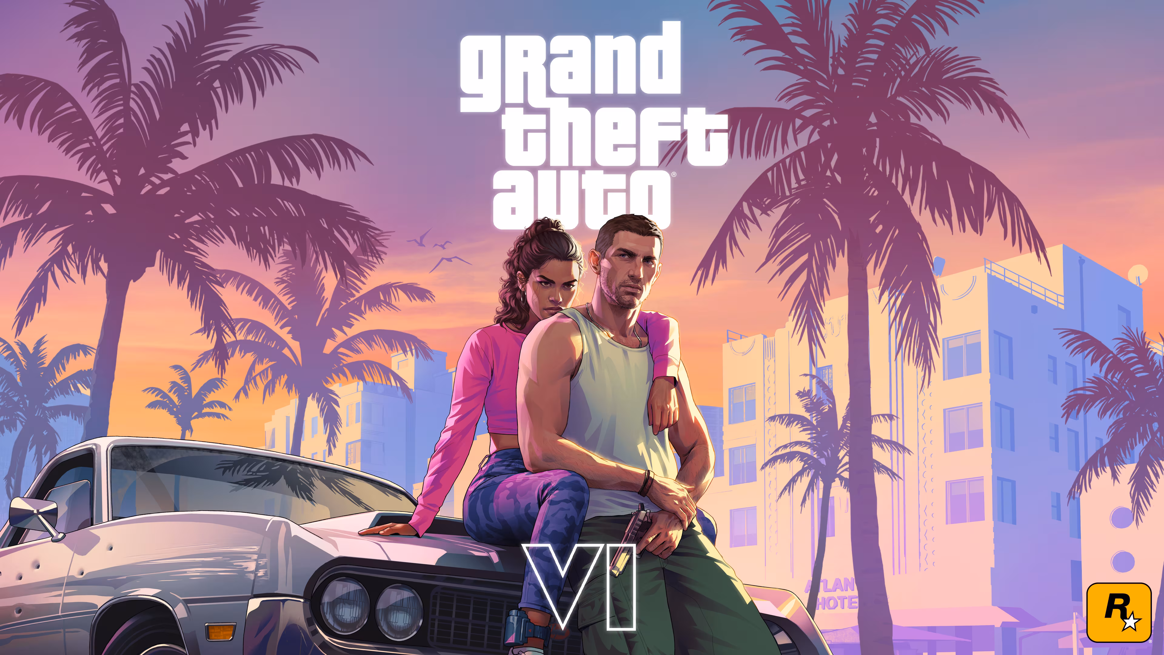 GTA VI characters near car with palm trees