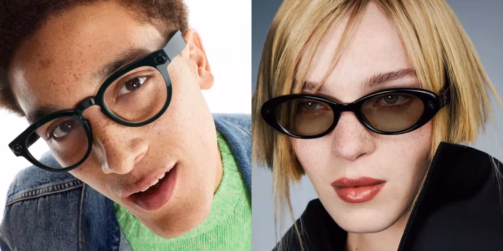 Two people wearing stylish Google I/O 2026 smart glasses