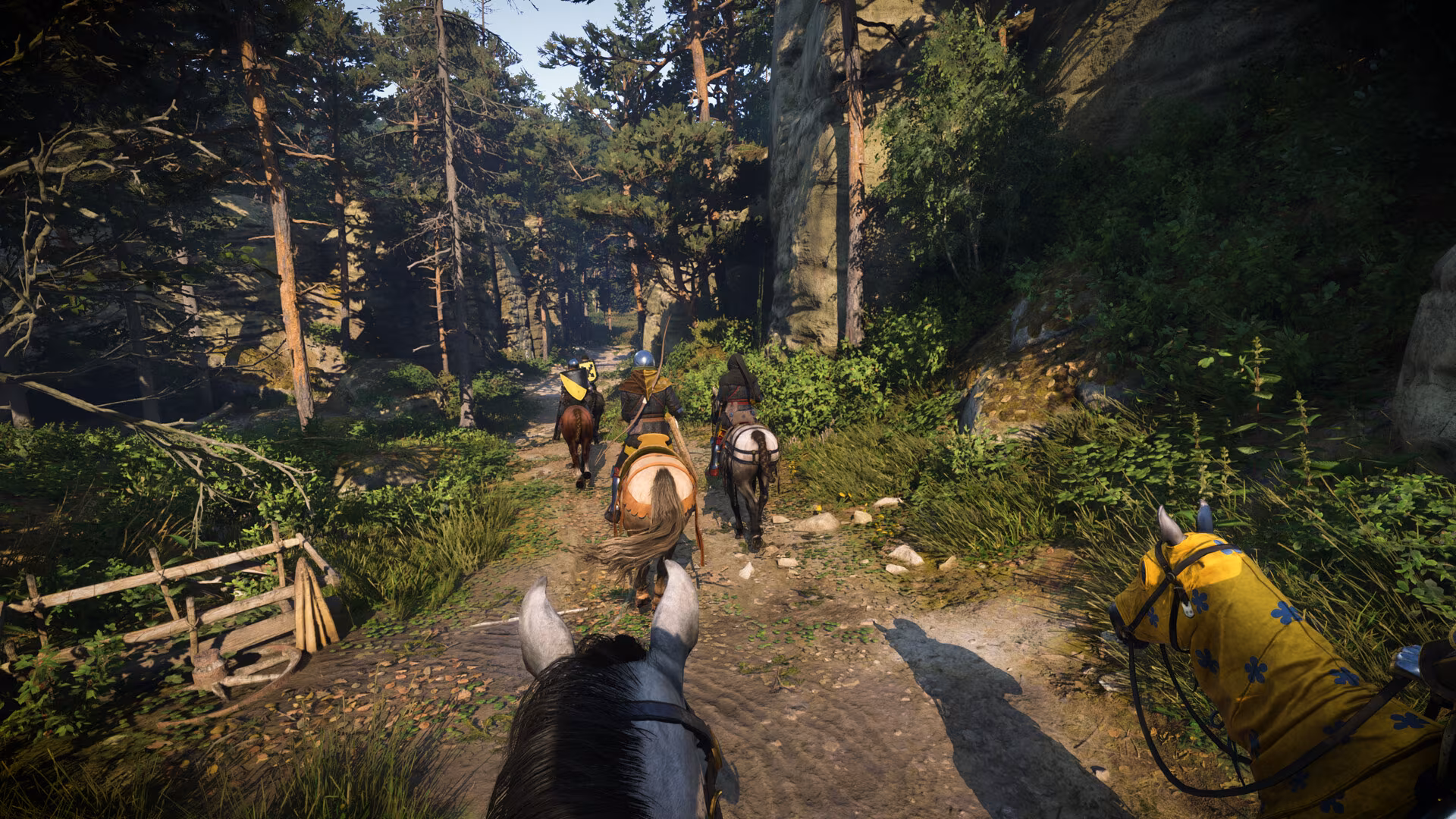 Group of people on horseback in forest, 2026 graphics