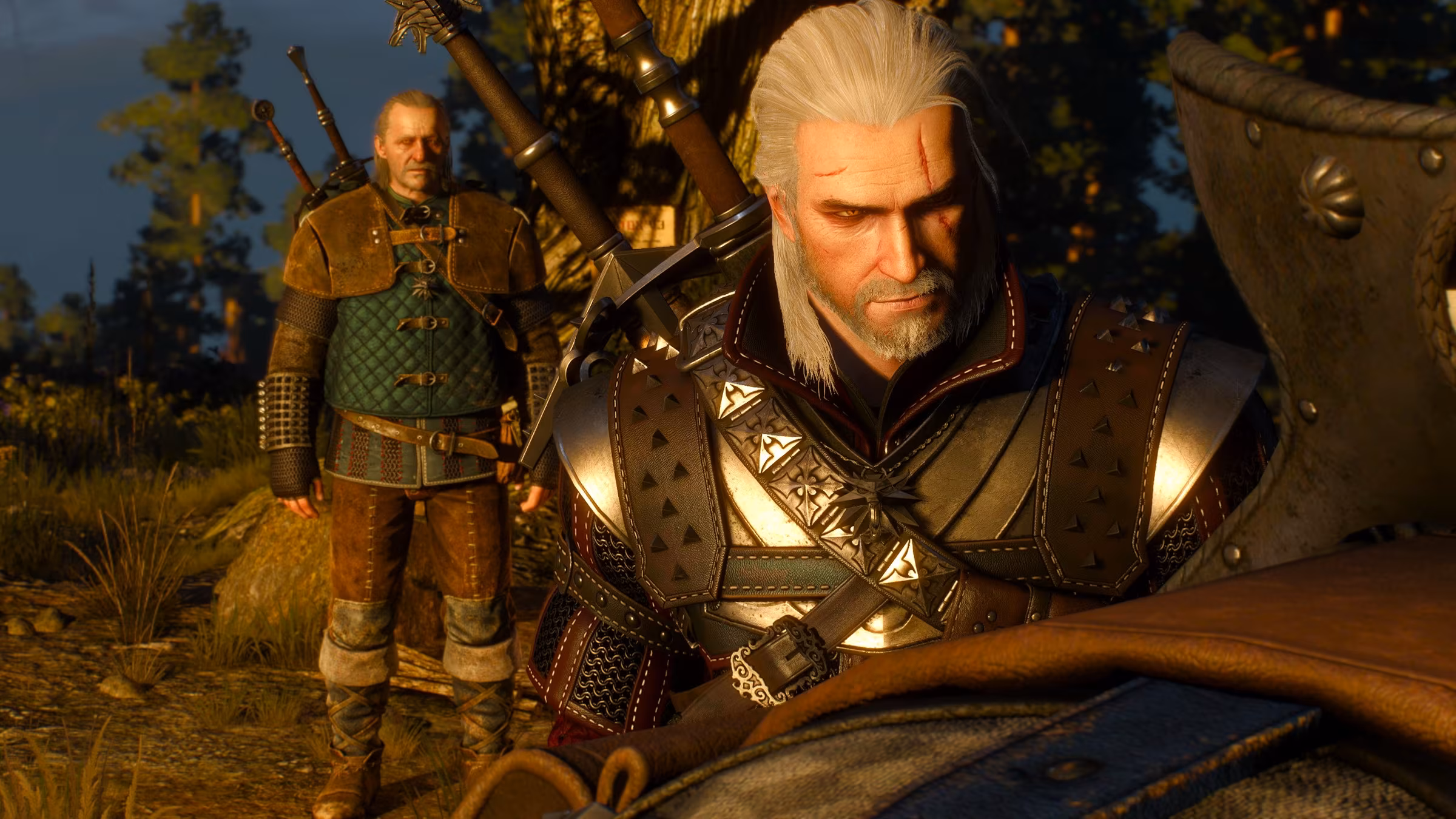 Witcher 3 characters with weapons in natural setting