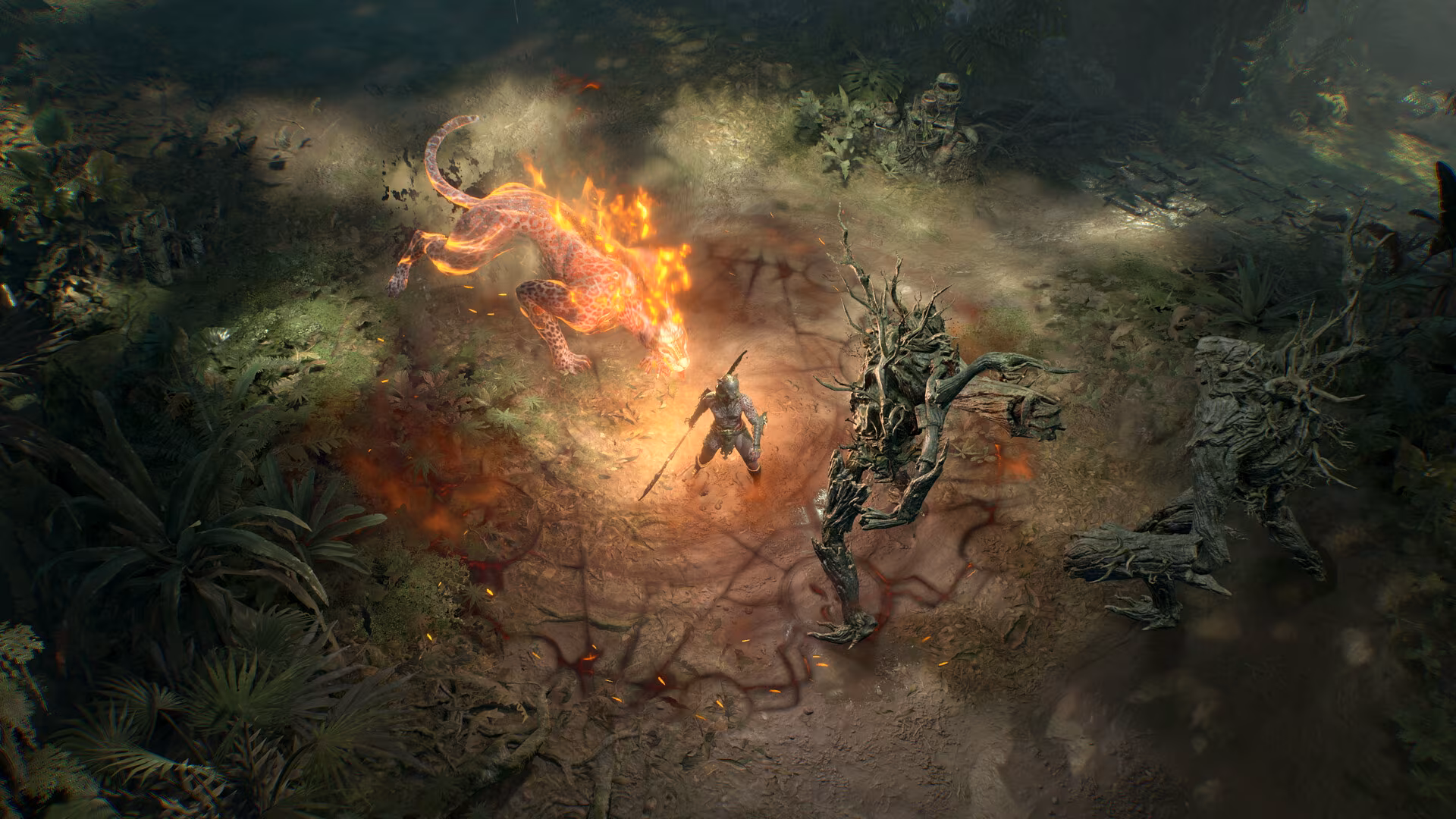 Archer hero battling fiery lizard in forest