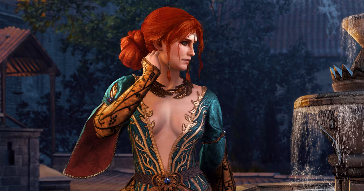 woman with red hair wearing a skin-tight dress in a forest, Cyberpunk 2077