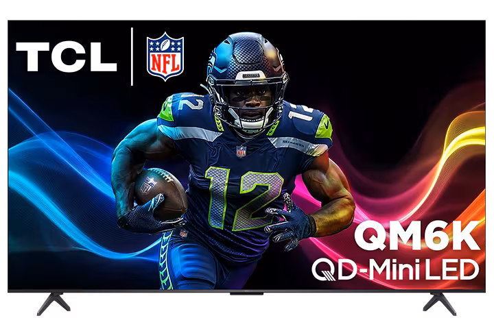 TCL QD-MiniLED TV showing NFL player