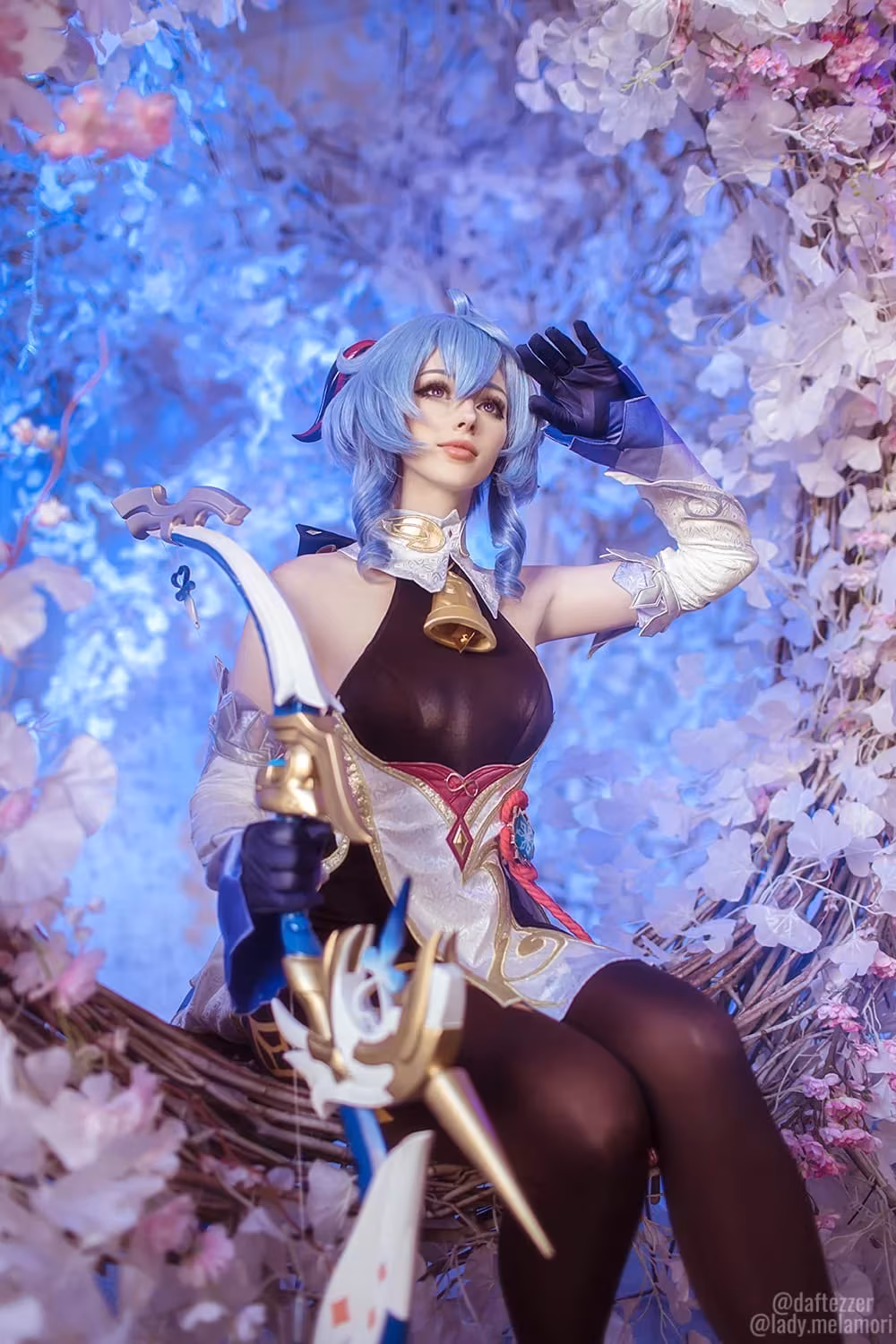 Ganyu cosplay from Genshin Impact by Lady Melamori with pink flowers