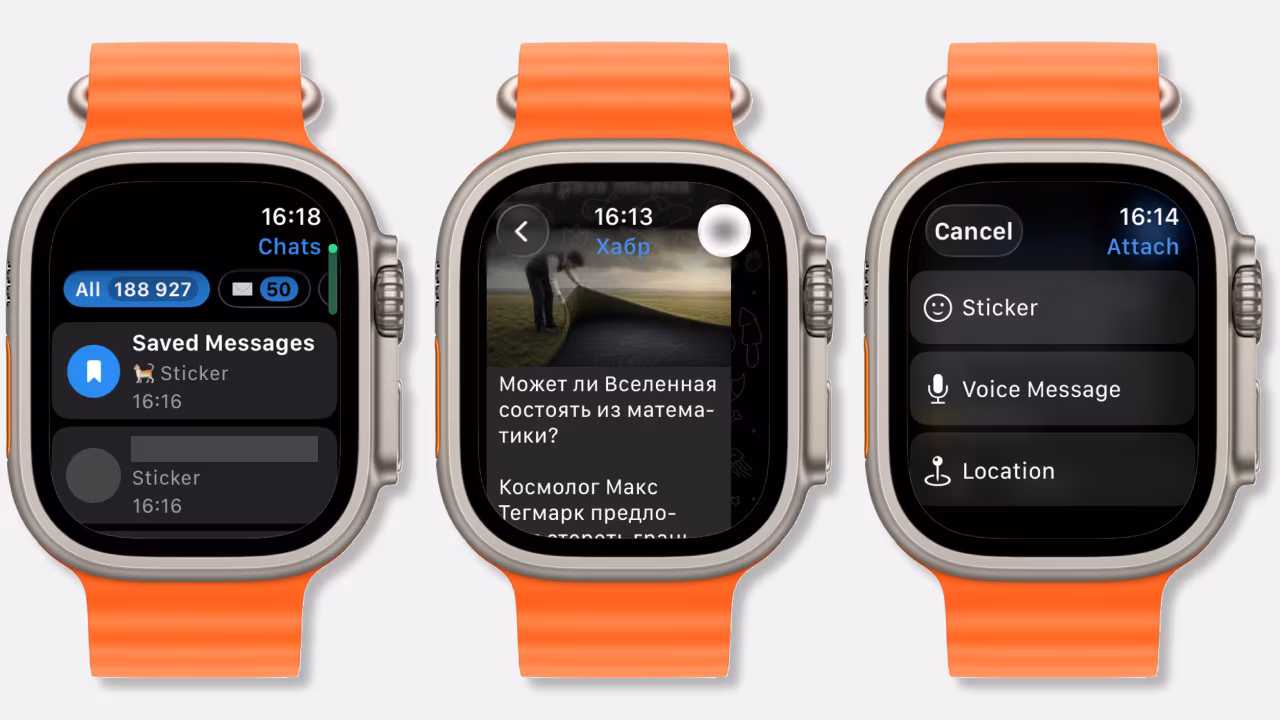 Apple Watch displaying the Telegram interface