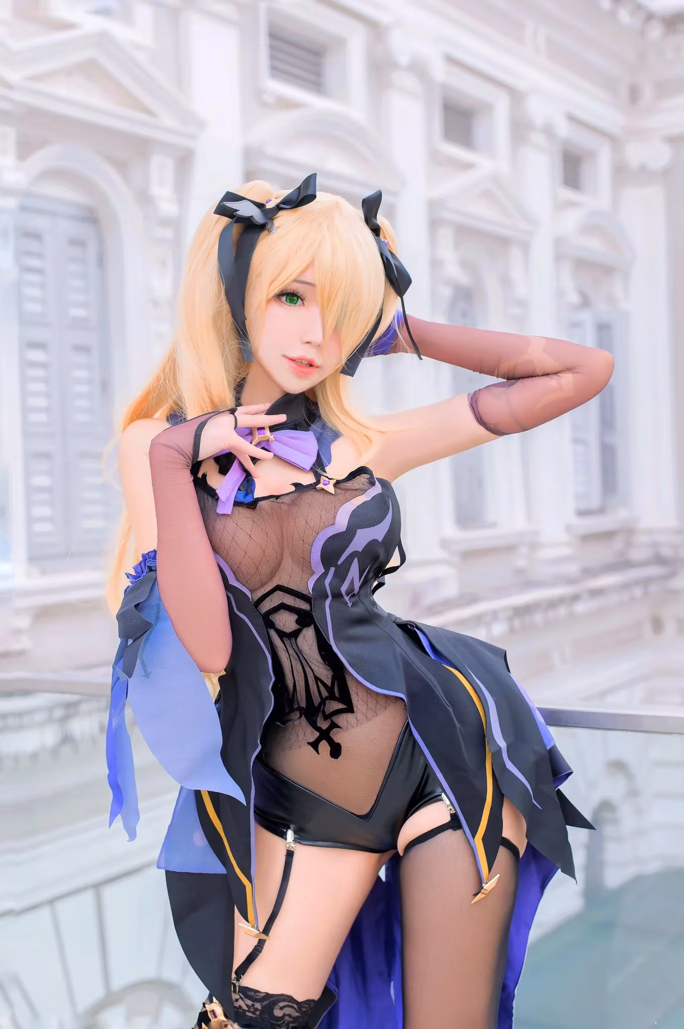 Asian woman in sexy Fischl cosplay from Genshin Impact