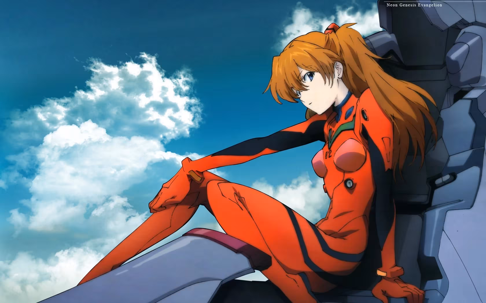 Asuka Langley Soryu cosplay from Neon Genesis Evangelion against a cloudy sky