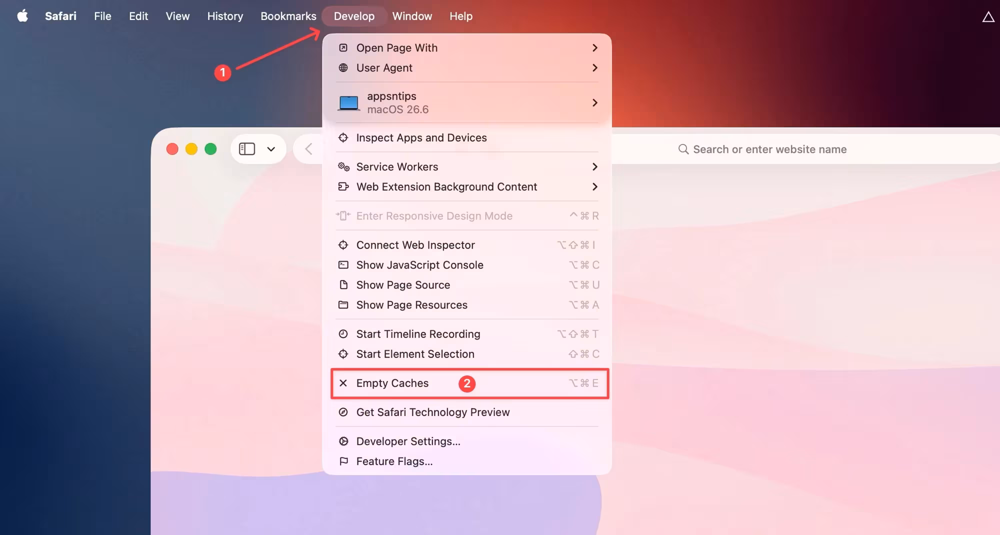Safari Develop menu with Empty Caches option highlighted