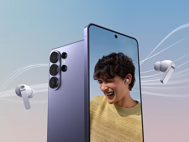 Samsung Galaxy S26 Ultra smartphone with woman wearing earbuds