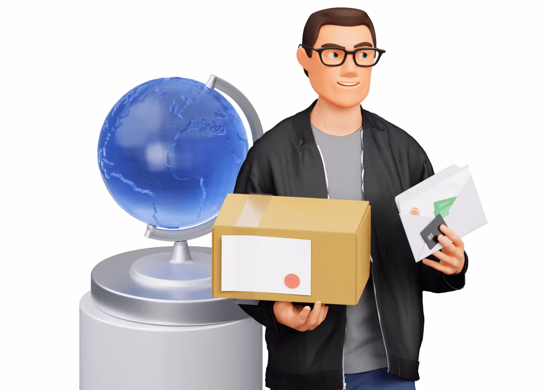 Man holding packages and letters with Russian Post globe logo