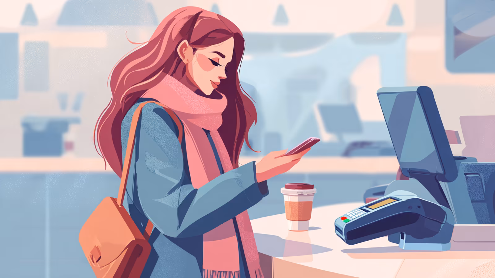 Woman holding phone at VTB checkout using Bluetooth contactless payment