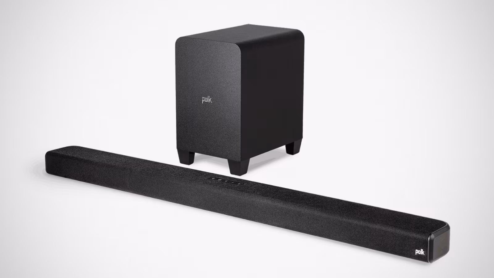 Black Polk soundbar with wireless subwoofer