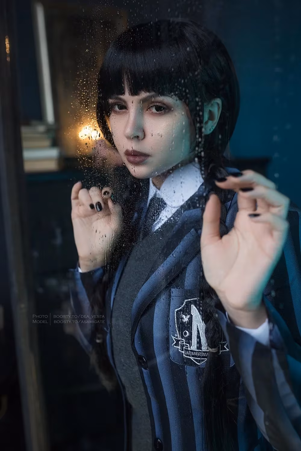 Russian model Wednesday cosplay seen through glass