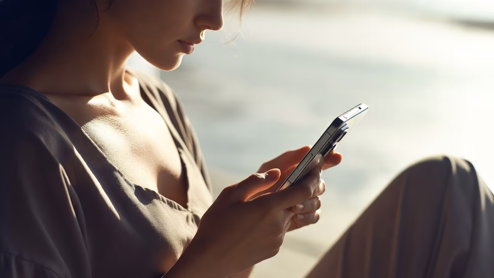 Woman using smartphone with backlighting