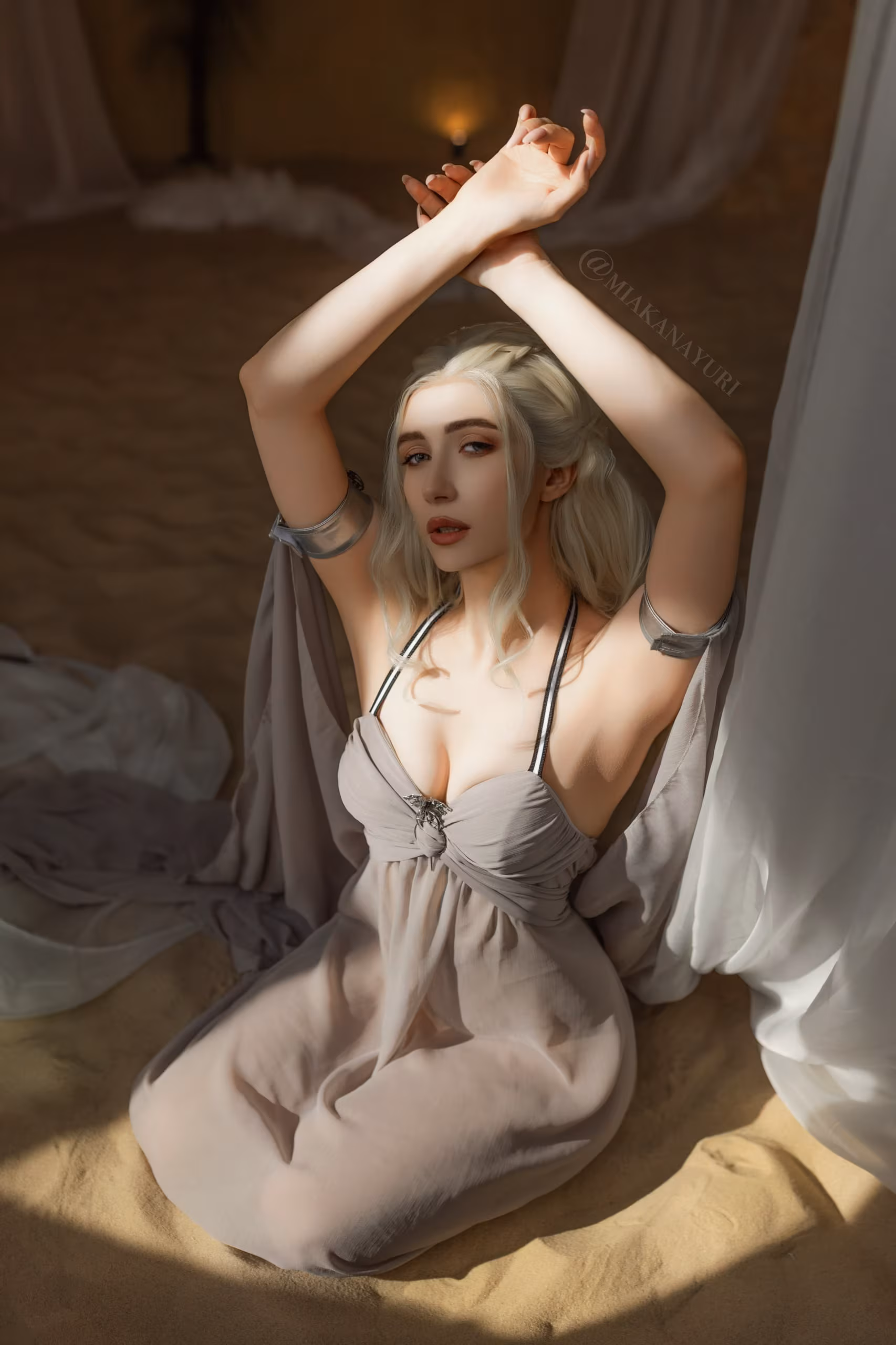 Model cosplaying Daenerys Targaryen in a dress