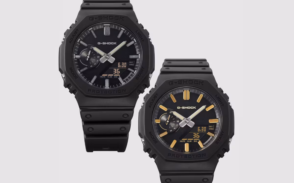 Two black spherical G-Shock 2100 watches with matte dials