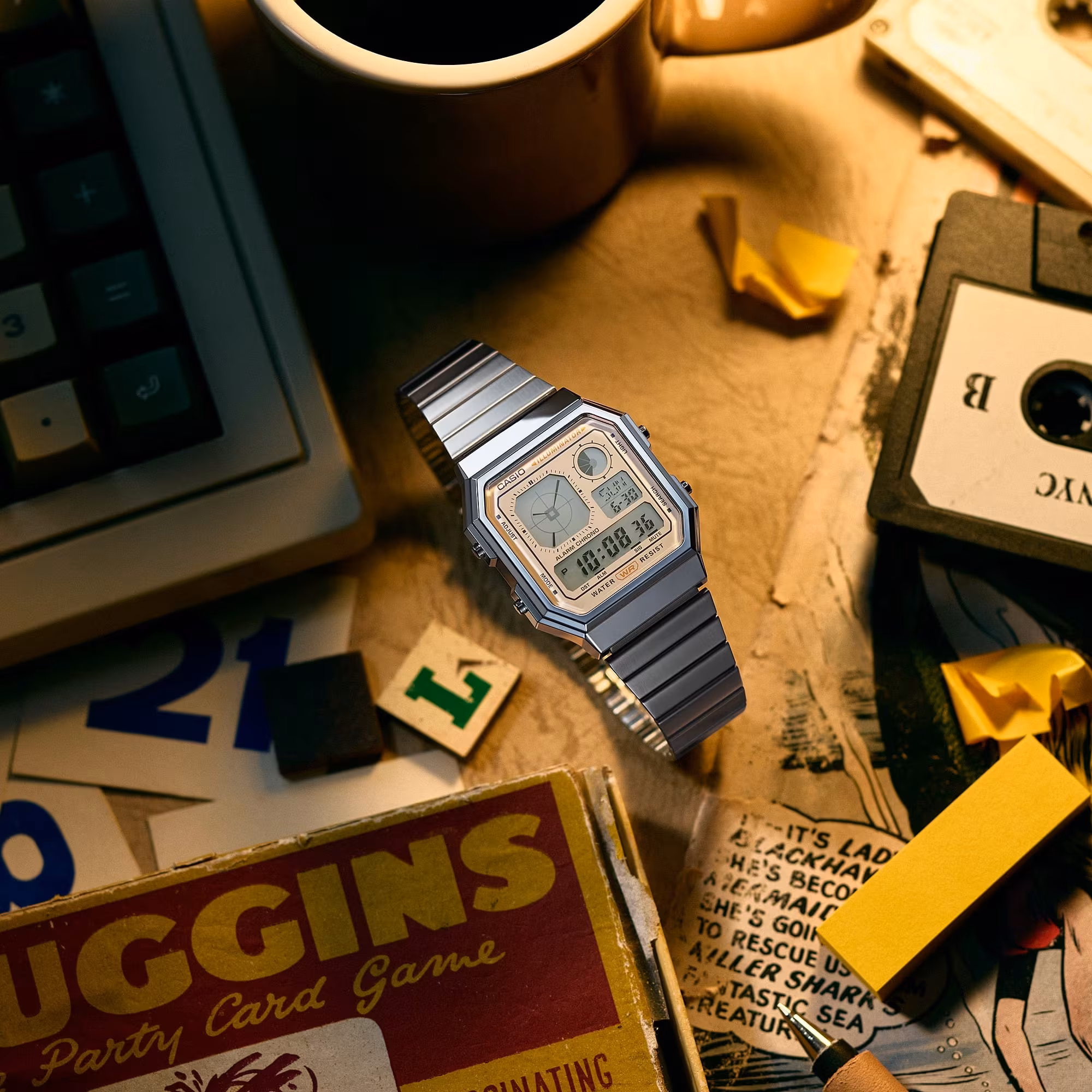 Casio A130WE watches with cards on a table