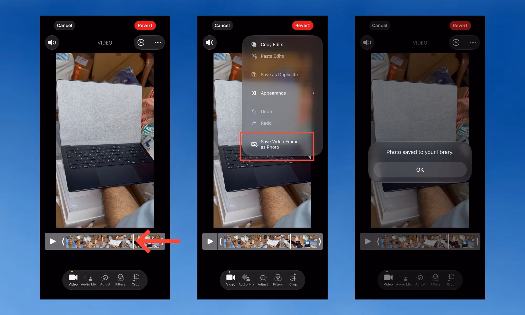 iOS 27 video editing screen showing how to save video frame as photo