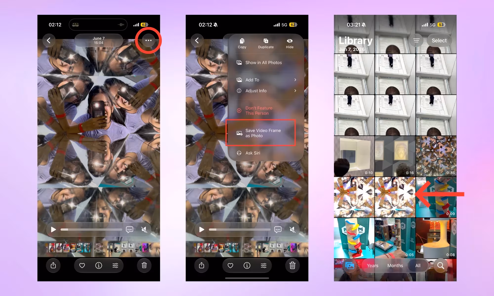 Screenshots from iOS 27 showing video frame saving menu and photos