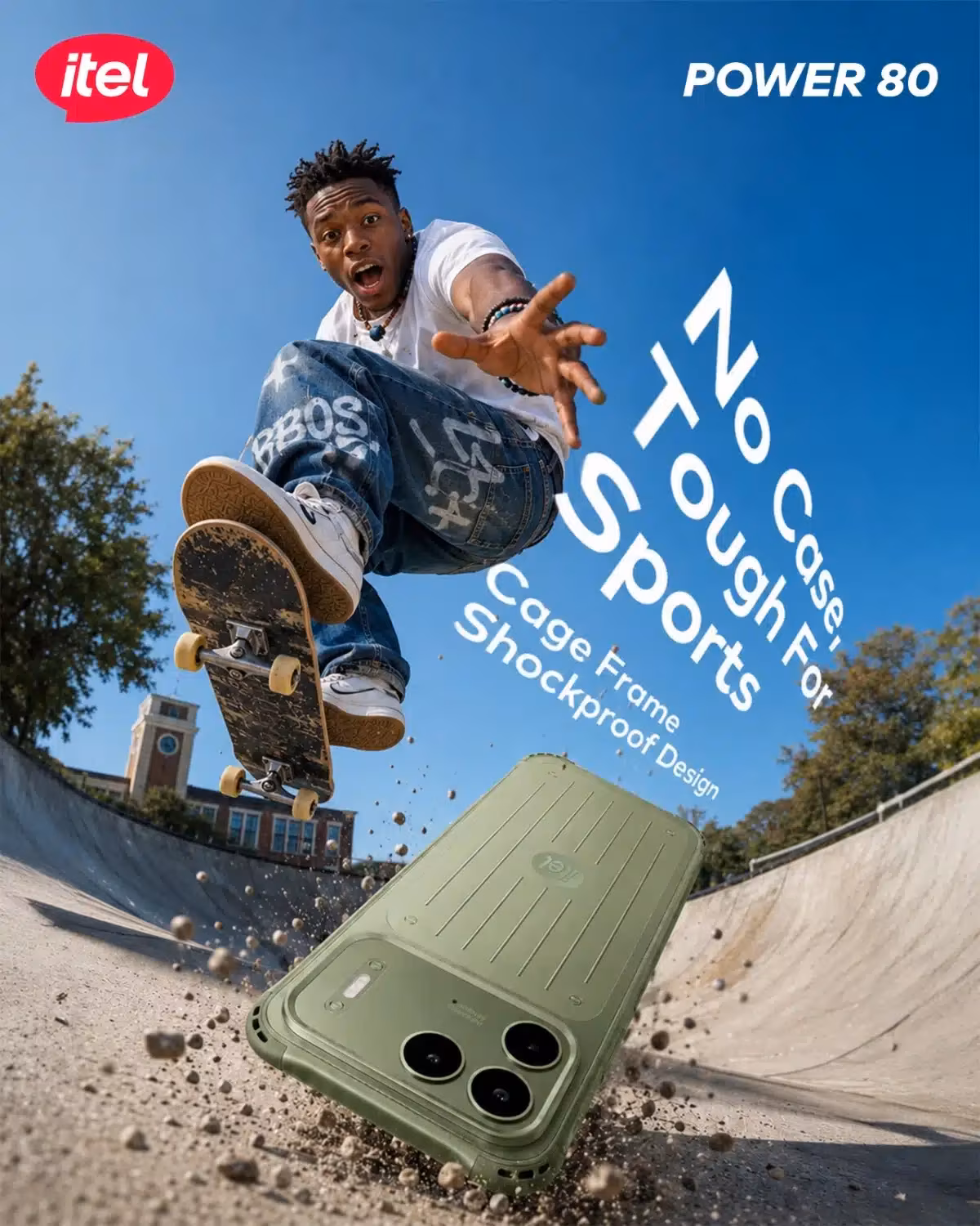 Man doing a skateboard trick as itel Power 80 smartphone falls into a pit