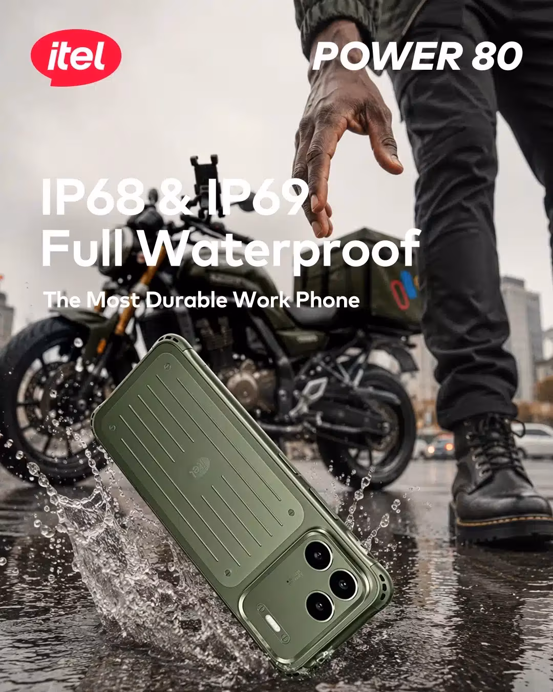 itel Power 80 waterproof smartphone outdoors in wet conditions