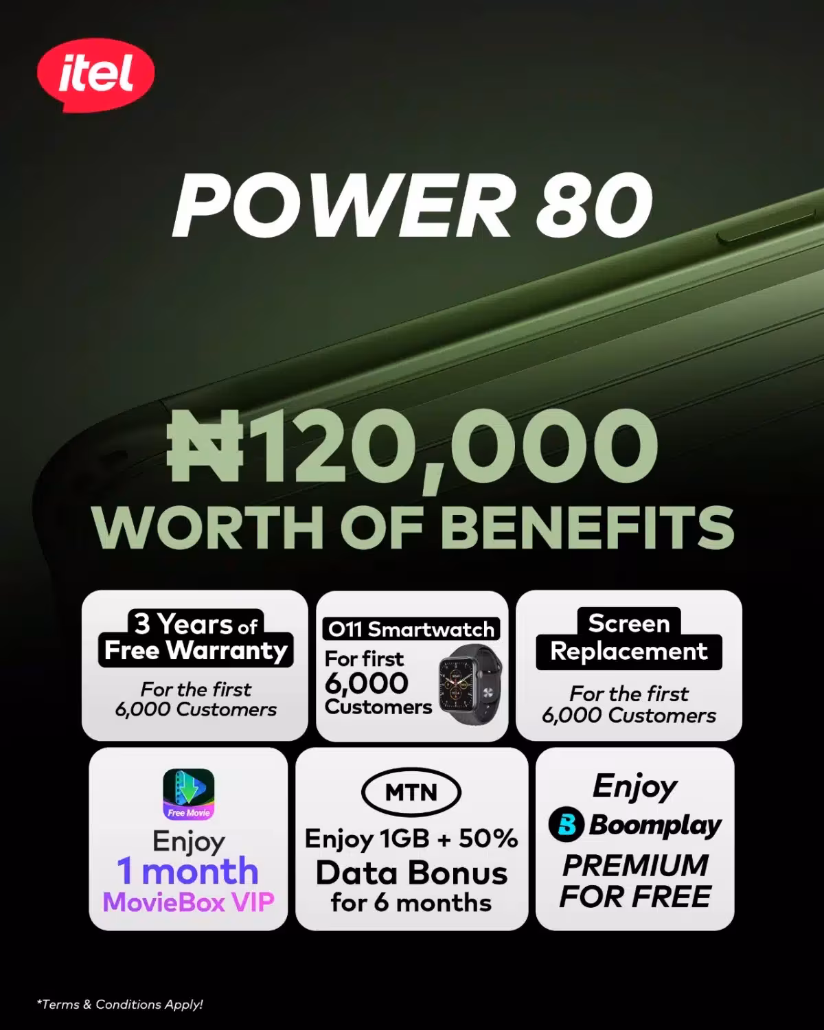 itel Power 80 smartphone promotional banner with special offers