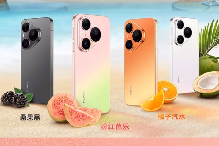 Huawei Pura 90 shown in black, pink, orange and white next to fruits
