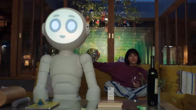 Robot and woman in living room from Apple TV sci-fi series